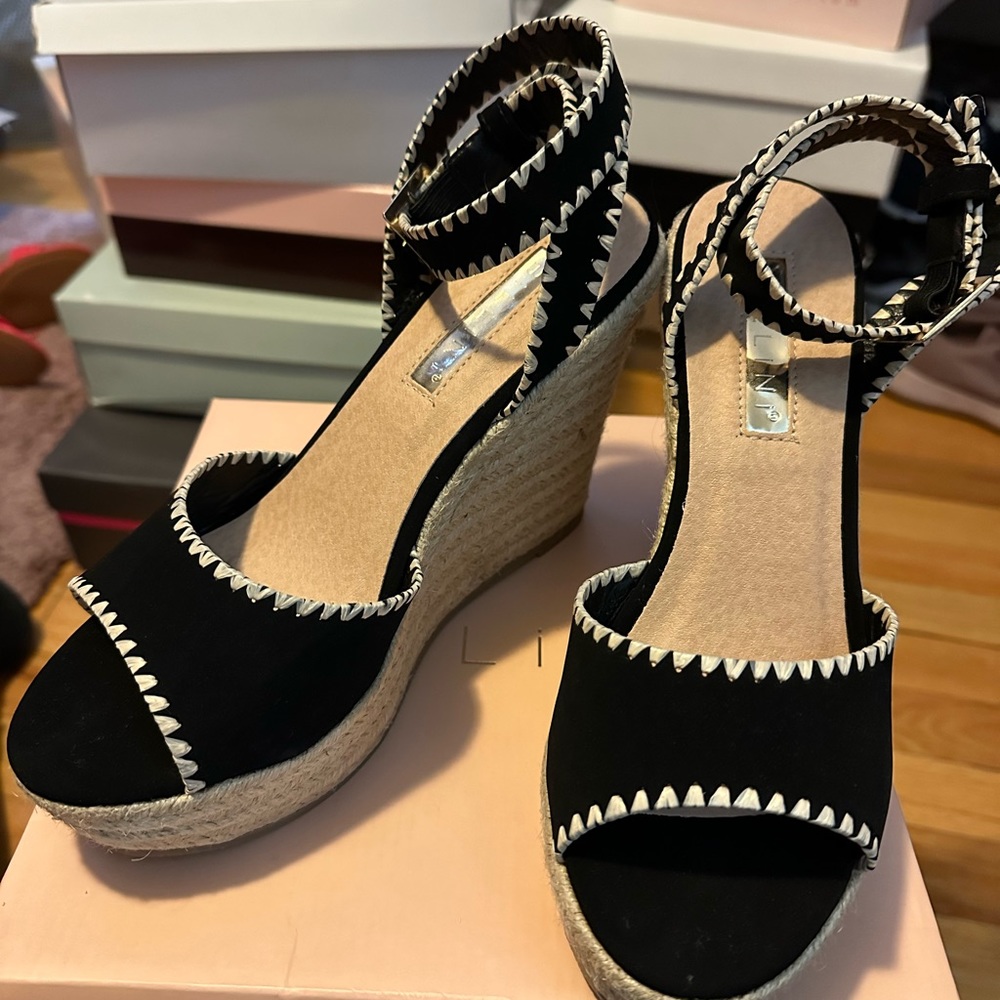 Unworn black espadrille wedges, size 8